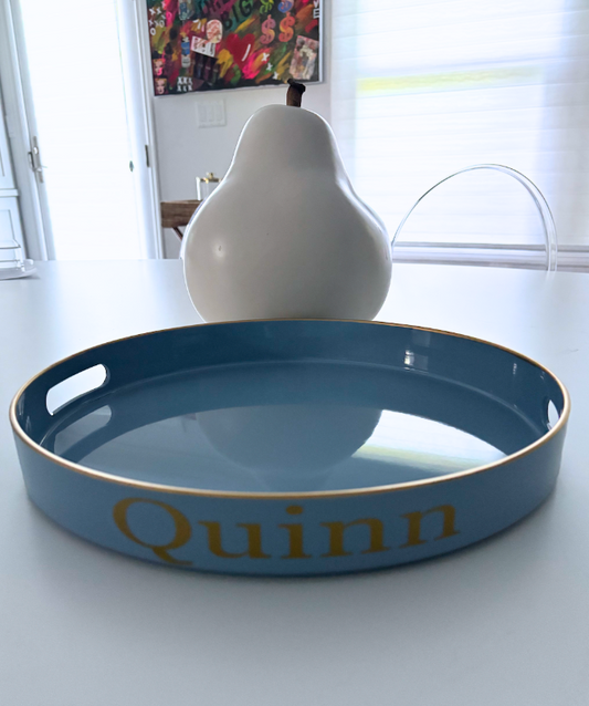 Pesonalized 13" opaque light blue round tray with your name on the side