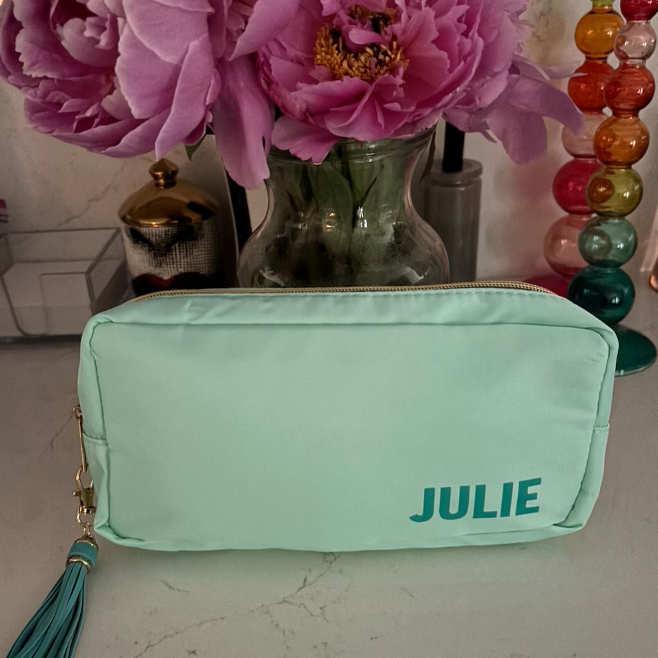 personalized nylon mint green bag with name and tassel 5" x 9" x 2"