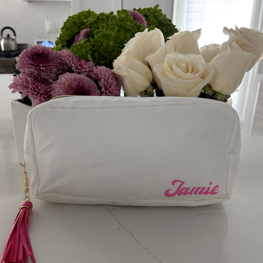 personalized white nylon bag with name and tassel closure 5" x 9" x 2"