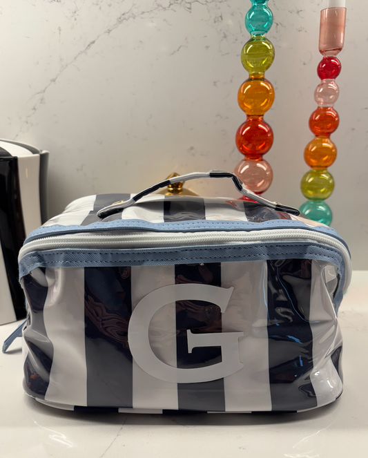 Personalized coated travel makeup bag with 3 compartments - blue/white
