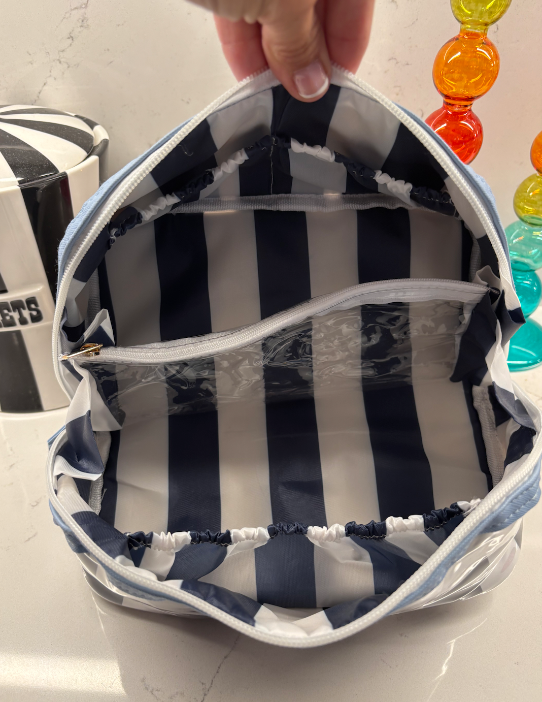 Personalized coated travel makeup bag with 3 compartments - blue/white