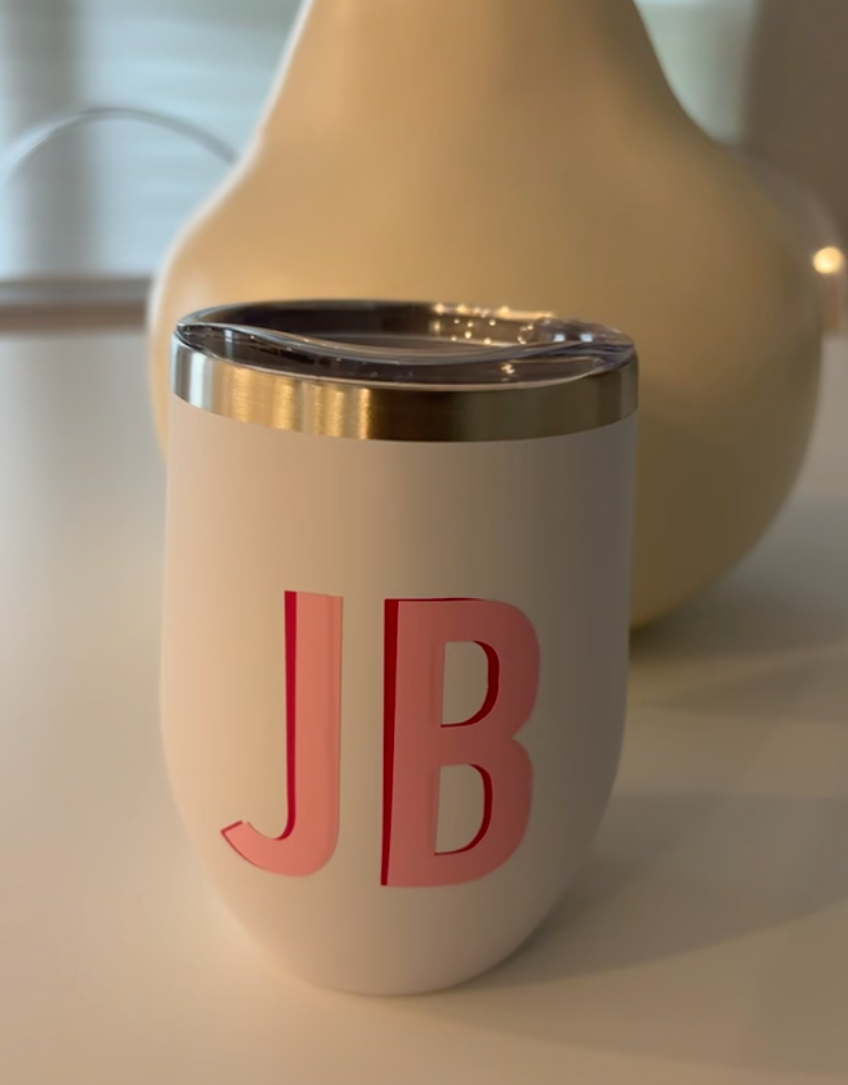 Personalized 12 ounce white stainless steel tumbler with lid / set of 4 - double letter monogram