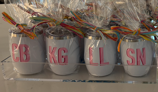Personalized 12 ounce white stainless steel tumbler with lid / set of 4 - double letter monogram