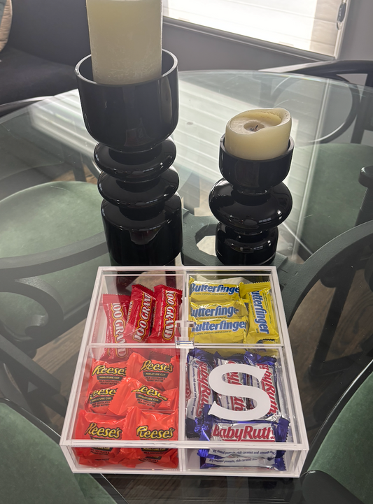 Personalized 4 section clear acrylic serving tray, sold with the candy , sections are removable