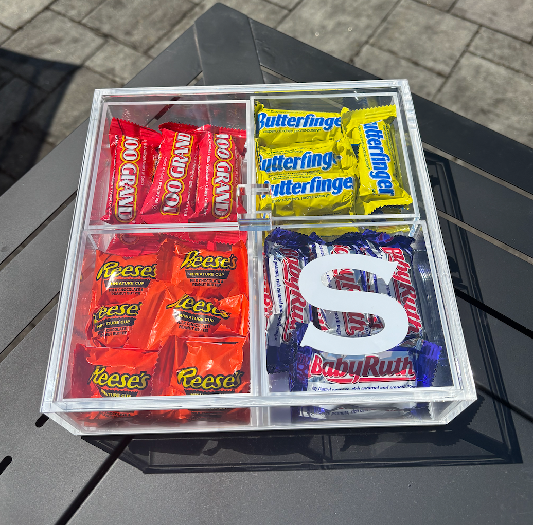 Personalized 4 section clear acrylic serving tray, sold with the candy , sections are removable