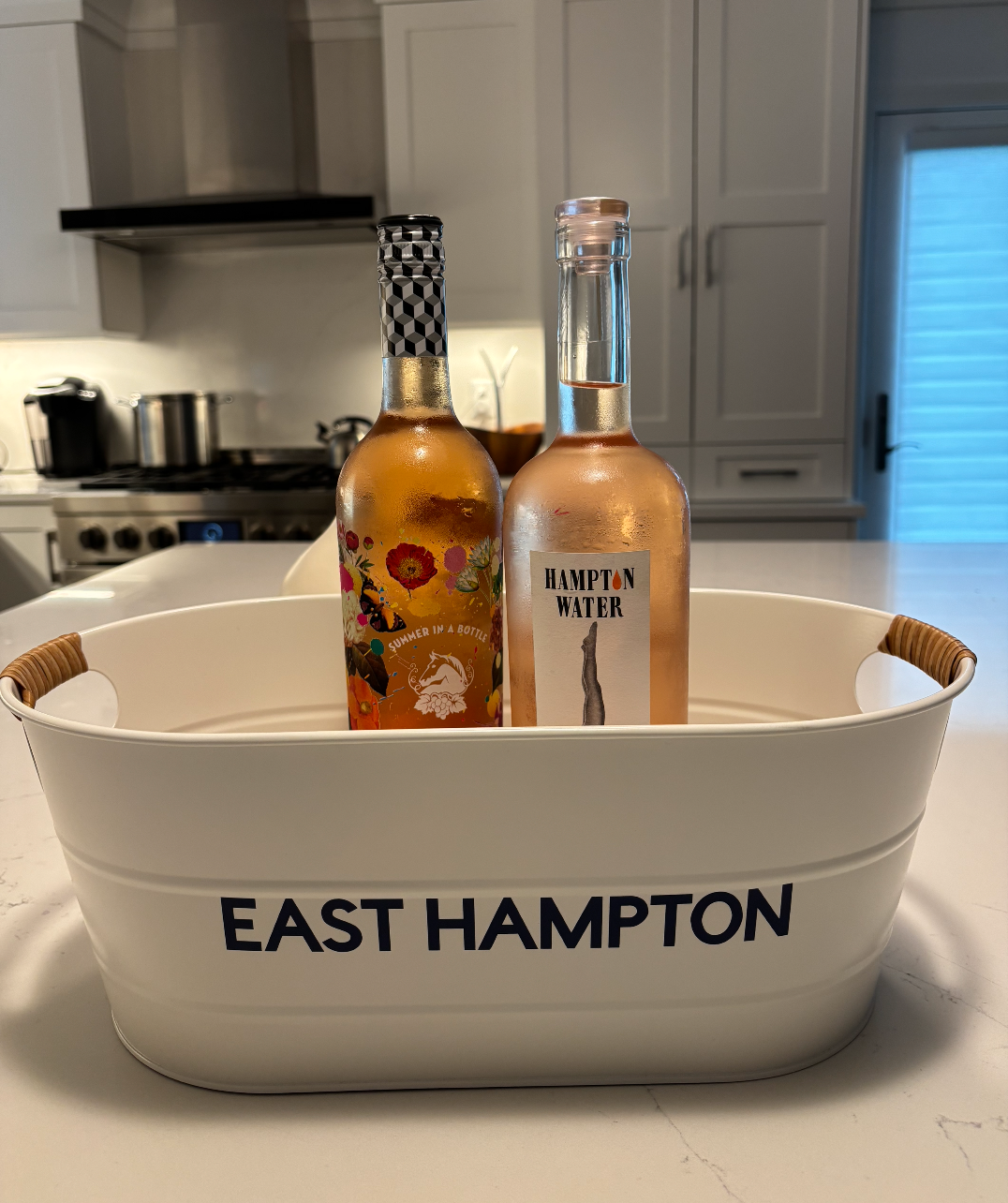 16" white galvanized tin with rattan handles - EAST HAMPTON