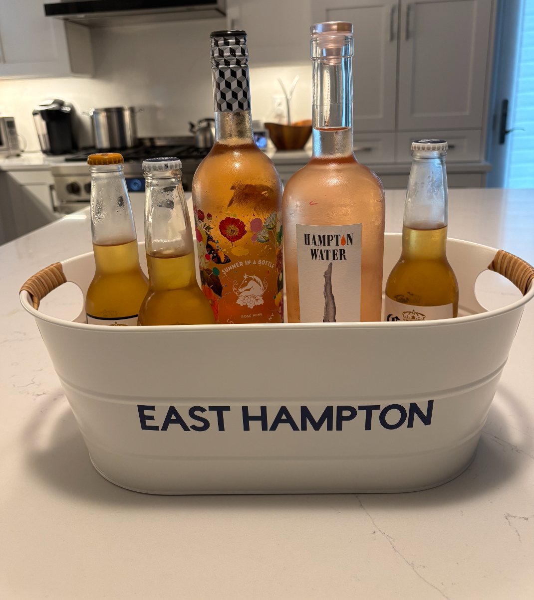 16" white galvanized tin with rattan handles - EAST HAMPTON