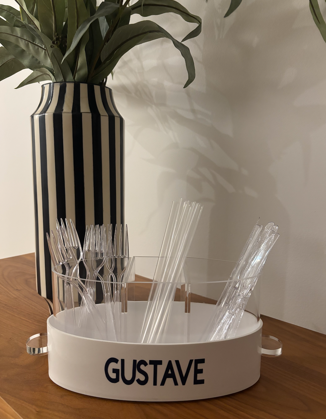 Personalized white and clear acrylic silverware caddy with 3 removable sections