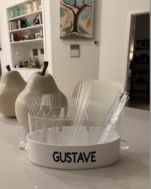 Personalized white and clear acrylic silverware caddy with 3 removable sections