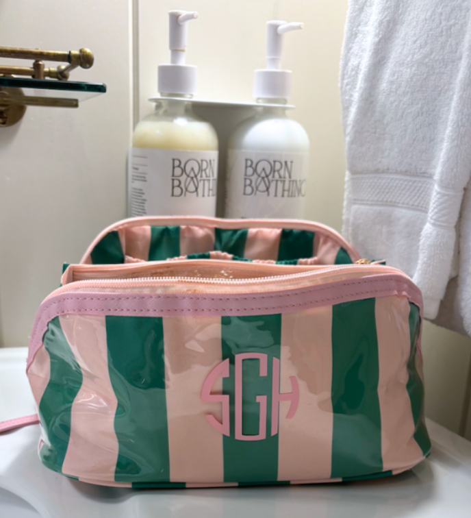 Personalized coated travel makeup bag with 3 compartments - pink/ green