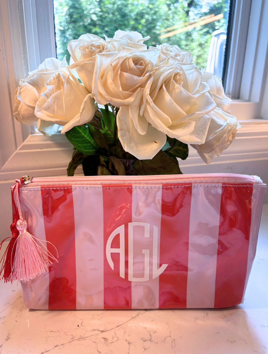 Personalized coated travel makeup bag with tassel closure- pink/red