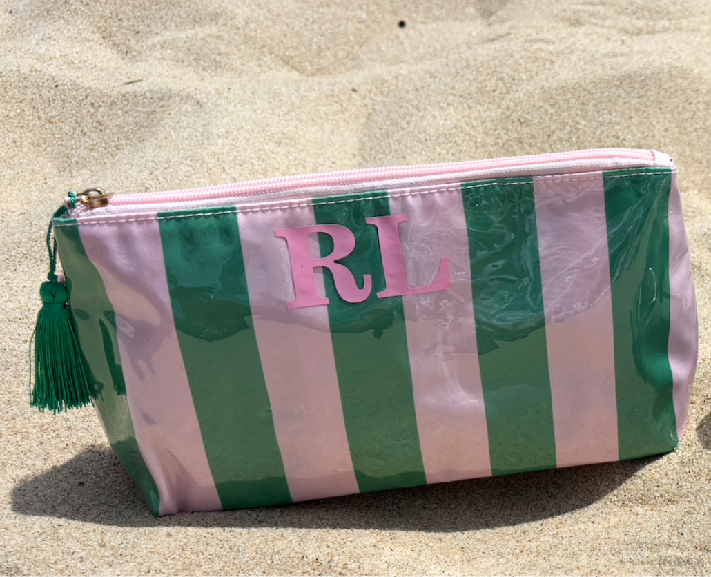 Personalized coated travel makeup bag with tassel closure- pink/ green