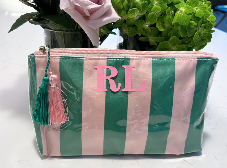 Personalized coated travel makeup bag with tassel closure- pink/ green