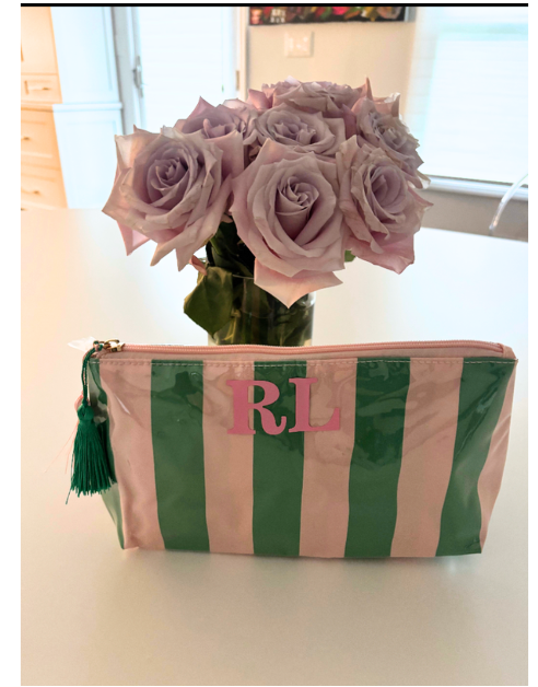 Personalized coated travel makeup bag with tassel closure- pink/ green