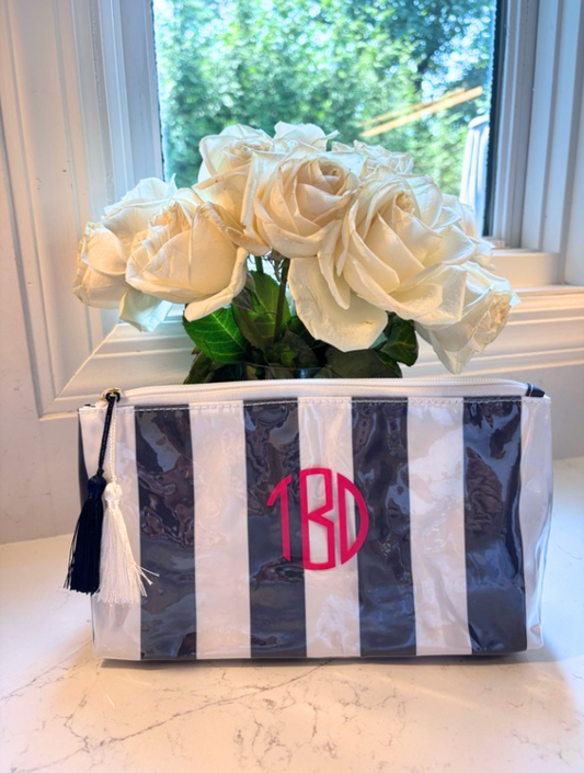 Personalized coated travel makeup bag with tassel closure- blue/ white
