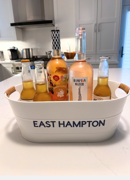 16" white galvanized tin with rattan handles - EAST HAMPTON
