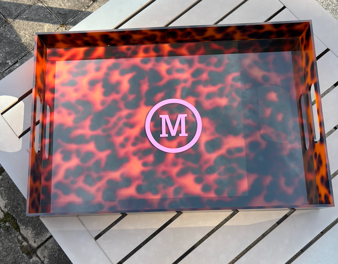 Personalized 18” x 12” acrylic tortoise tray - circle monogram