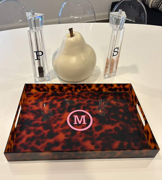 Personalized 18” x 12” acrylic tortoise tray - circle monogram