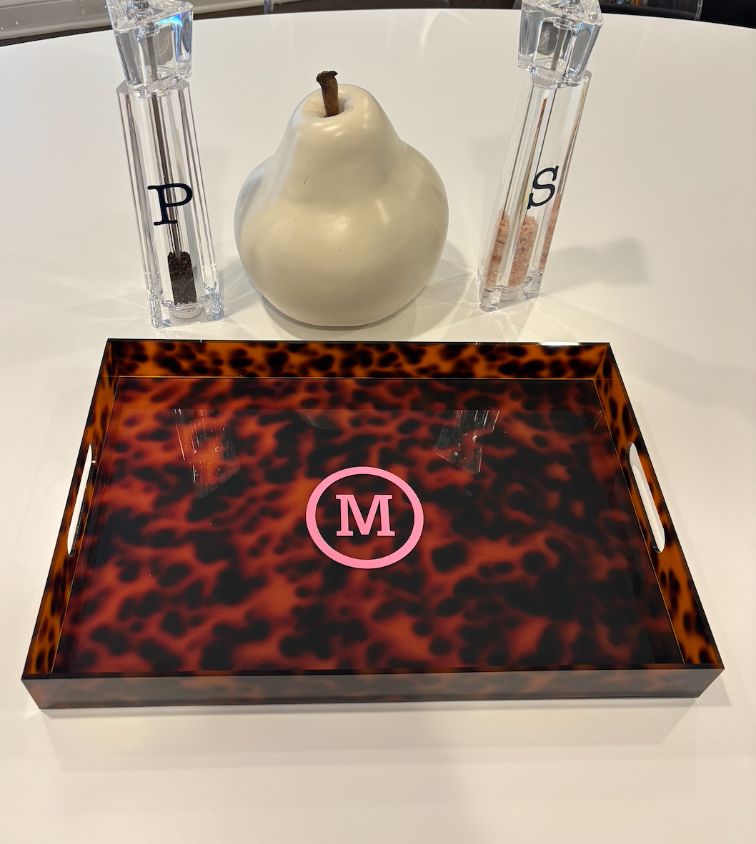 Personalized 18” x 12” acrylic tortoise tray - circle monogram