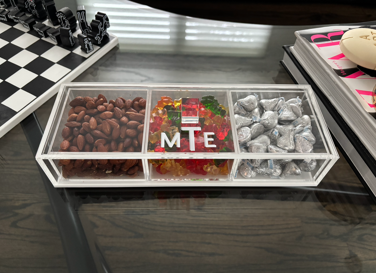 Personalized 3 section clear acrylic serving tray, sold with the candy , sections are removable