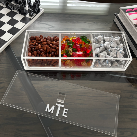 Personalized 3 section clear acrylic serving tray, sold with the candy , sections are removable