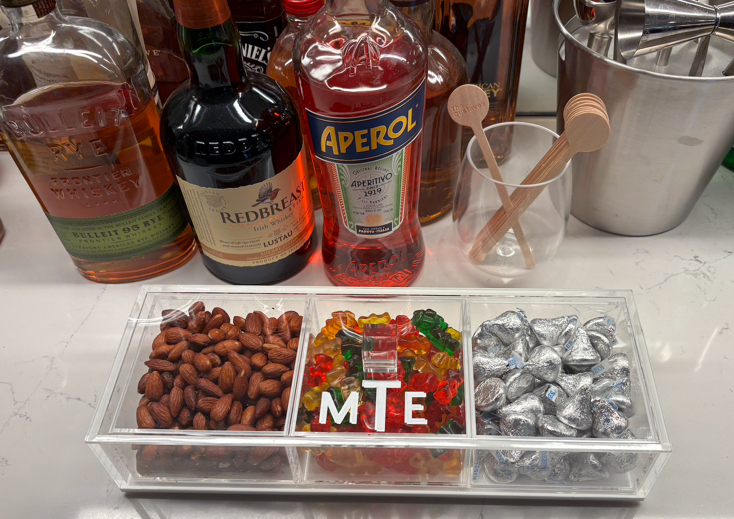 Personalized 3 section clear acrylic serving tray, sold with the candy , sections are removable