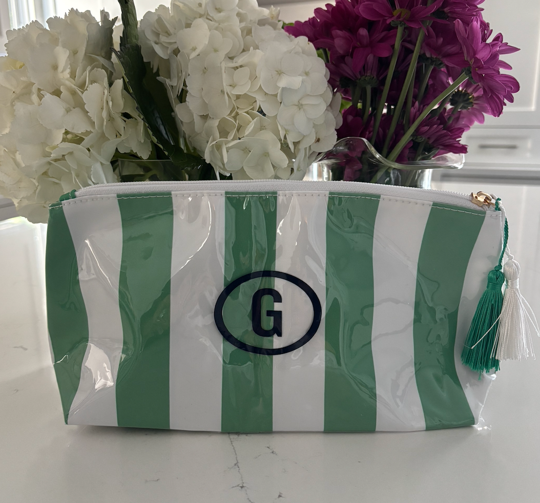 Personalized coated travel makeup bag with tassel closure- green/white