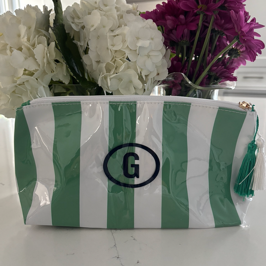 Personalized coated travel makeup bag with tassel closure- green/white