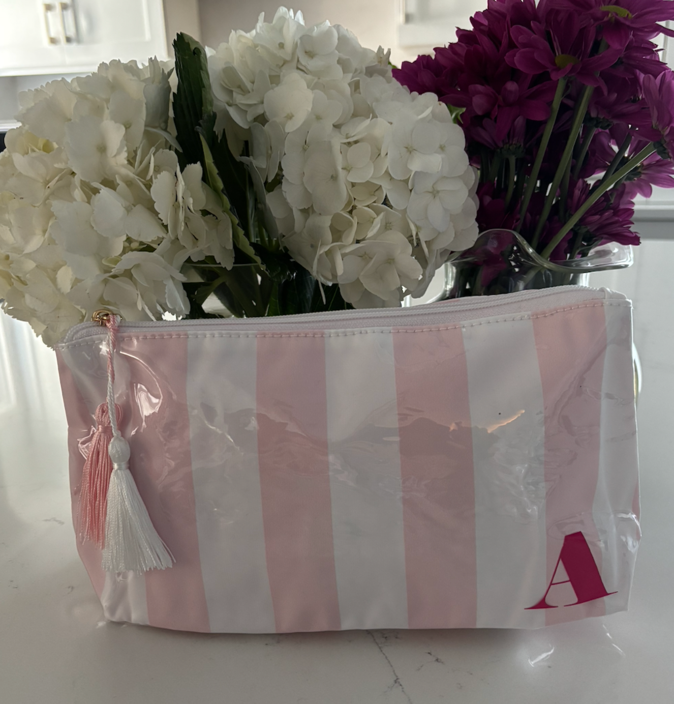 Personalized coated travel makeup bag with tassel closure- pink/white