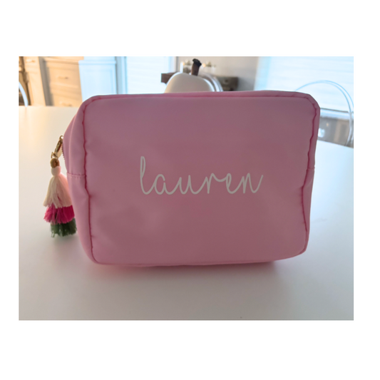 Personalized pale pink nylon makeup bag with your name