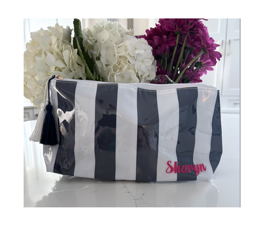 Personalized coated travel makeup bag with tassel closure- blue/ white