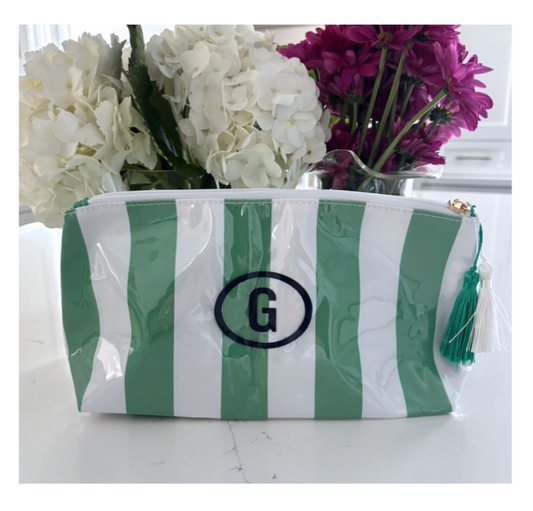 Personalized coated travel makeup bag with tassel closure- green/white