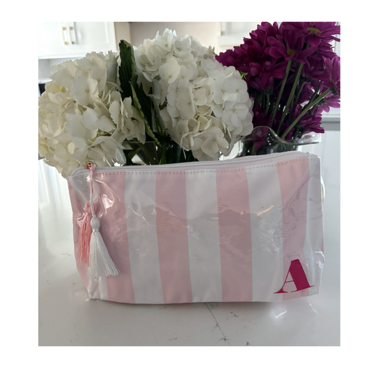 Personalized coated travel makeup bag with tassel closure- pink/white