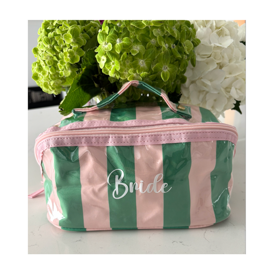 Personalized coated travel makeup bag with 3 compartments - pink/ green