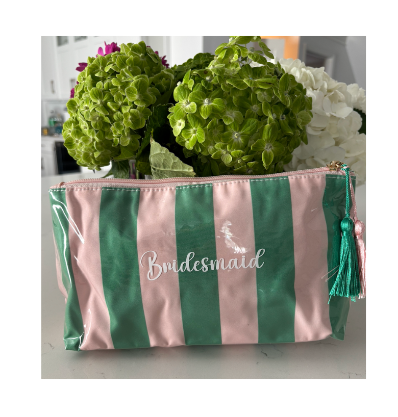 Personalized coated travel makeup bag with tassel closure- pink/ green