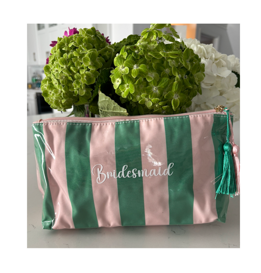 Personalized coated travel makeup bag with tassel closure- pink/ green