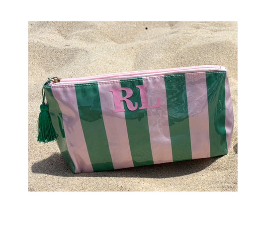Personalized coated travel makeup bag with tassel closure- pink/ green