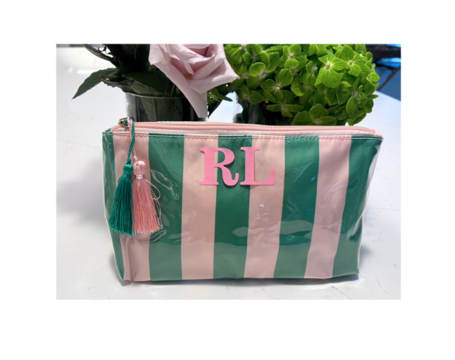 Personalized coated travel makeup bag with tassel closure- pink/ green