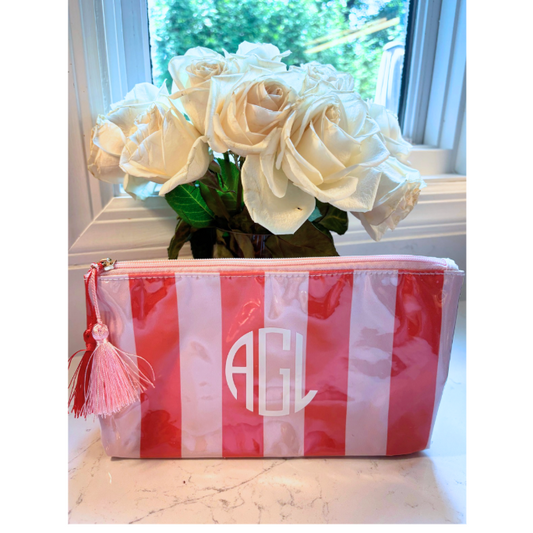 Personalized coated travel makeup bag with tassel closure- pink/red