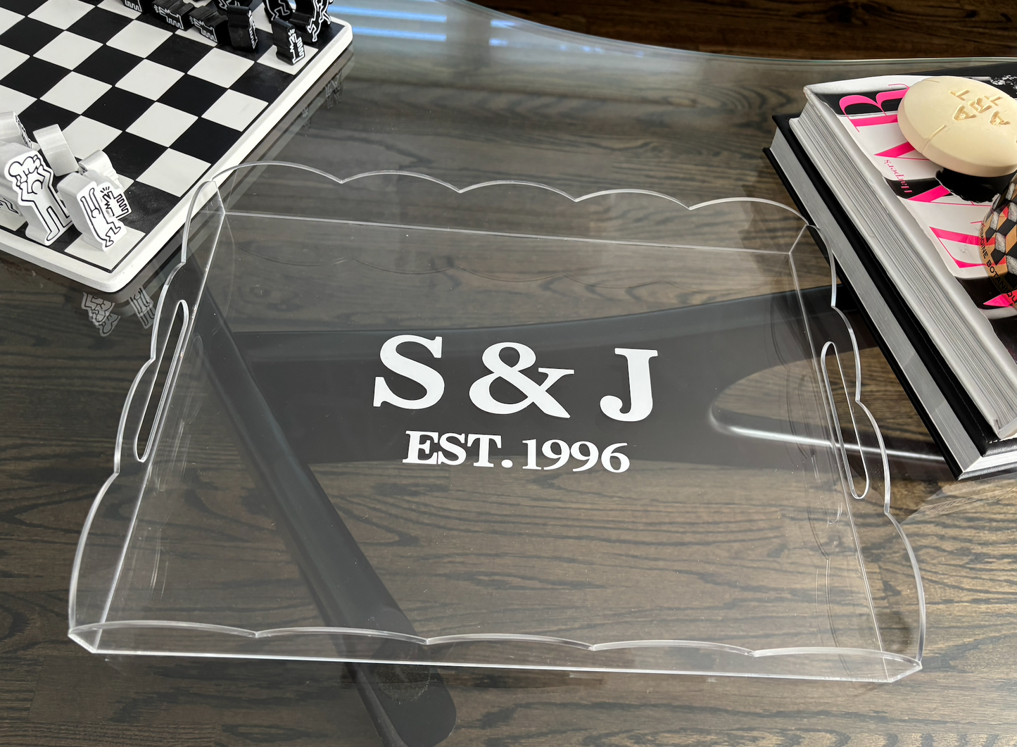 Personalized 12" x 16" clear scalloped edge acrylic tray