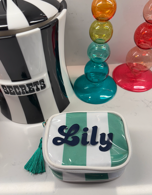 Personalized coated travel jewelry bag with tassel closure- green/ white