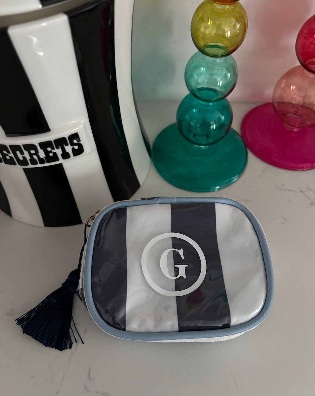 Personalized coated travel jewelry bag with tassel closure- blue/ white