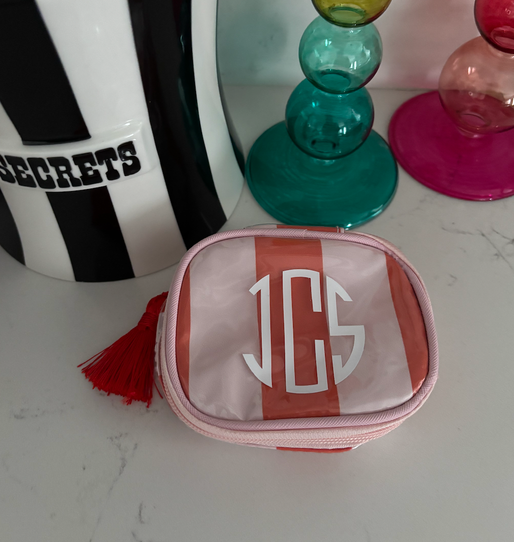 Personalized coated travel jewelry bag with tassel closure- pink / red