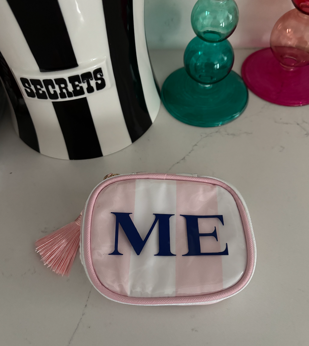 Personalized coated travel jewelry bag with tassel closure- pink / white