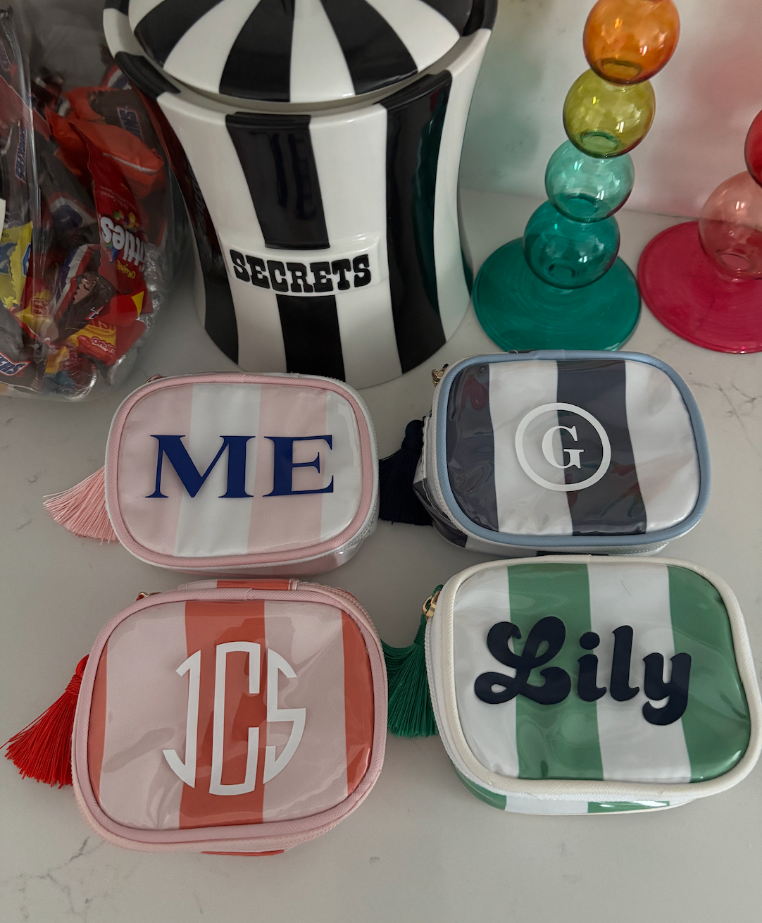 Personalized coated travel jewelry bag with tassel closure- pink / red