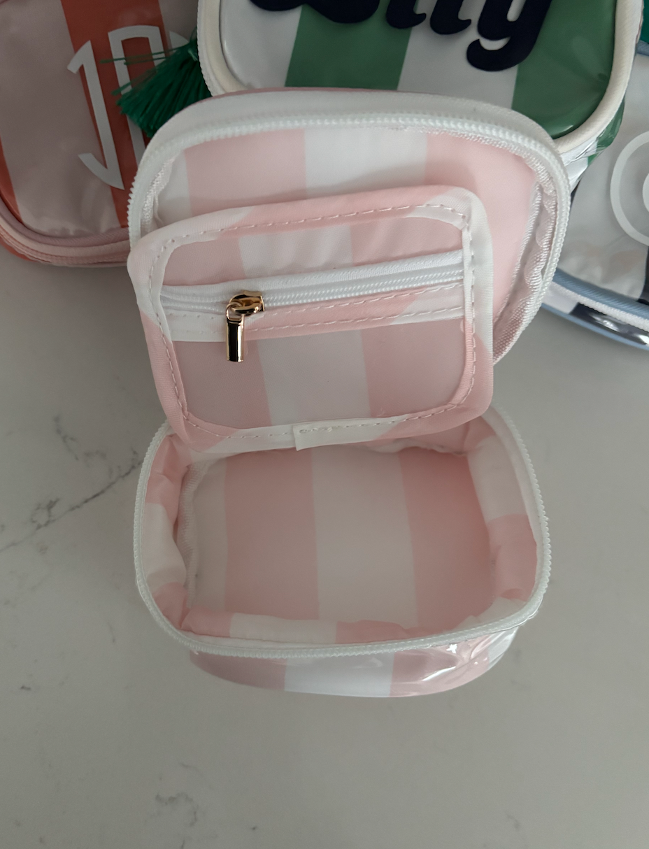 Personalized coated travel jewelry bag with tassel closure- pink / red