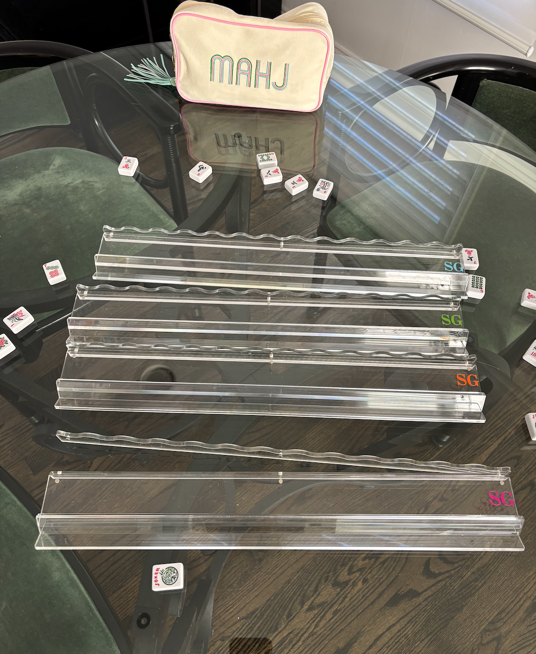 Personalized clear acrylic 20" scalloped edge mahjong racks- set of 4