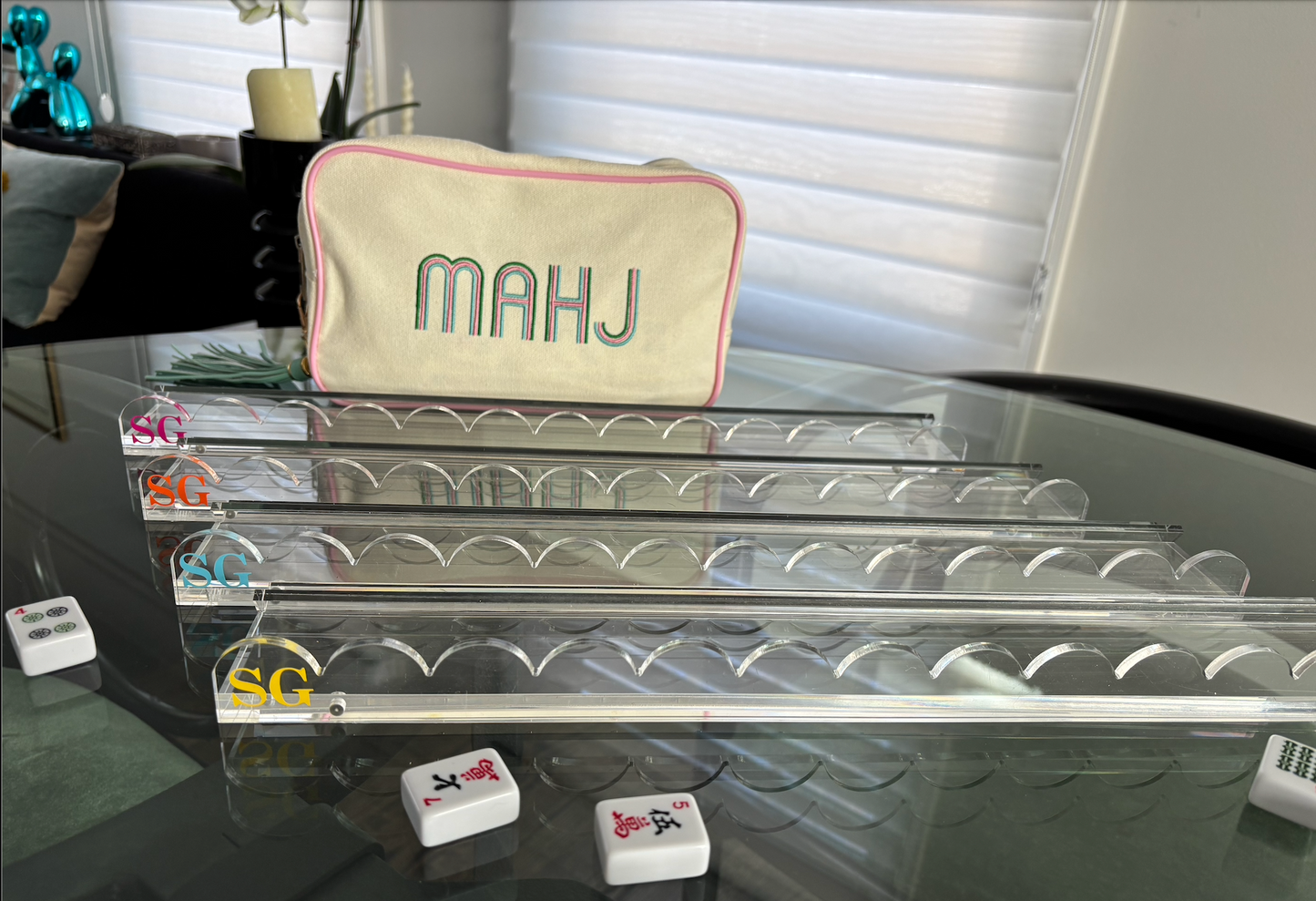 Personalized clear acrylic 17.5" scalloped edge mahjong racks- set of 4