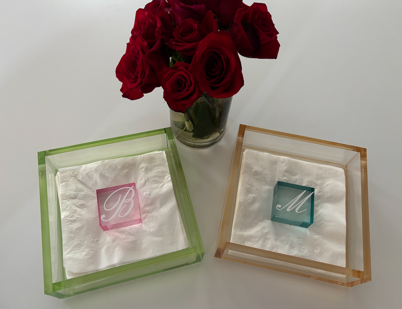 Personalized Acrylic 7.5" x 7.5" luncheon napkin holder with square weight- bar decor amber/teal