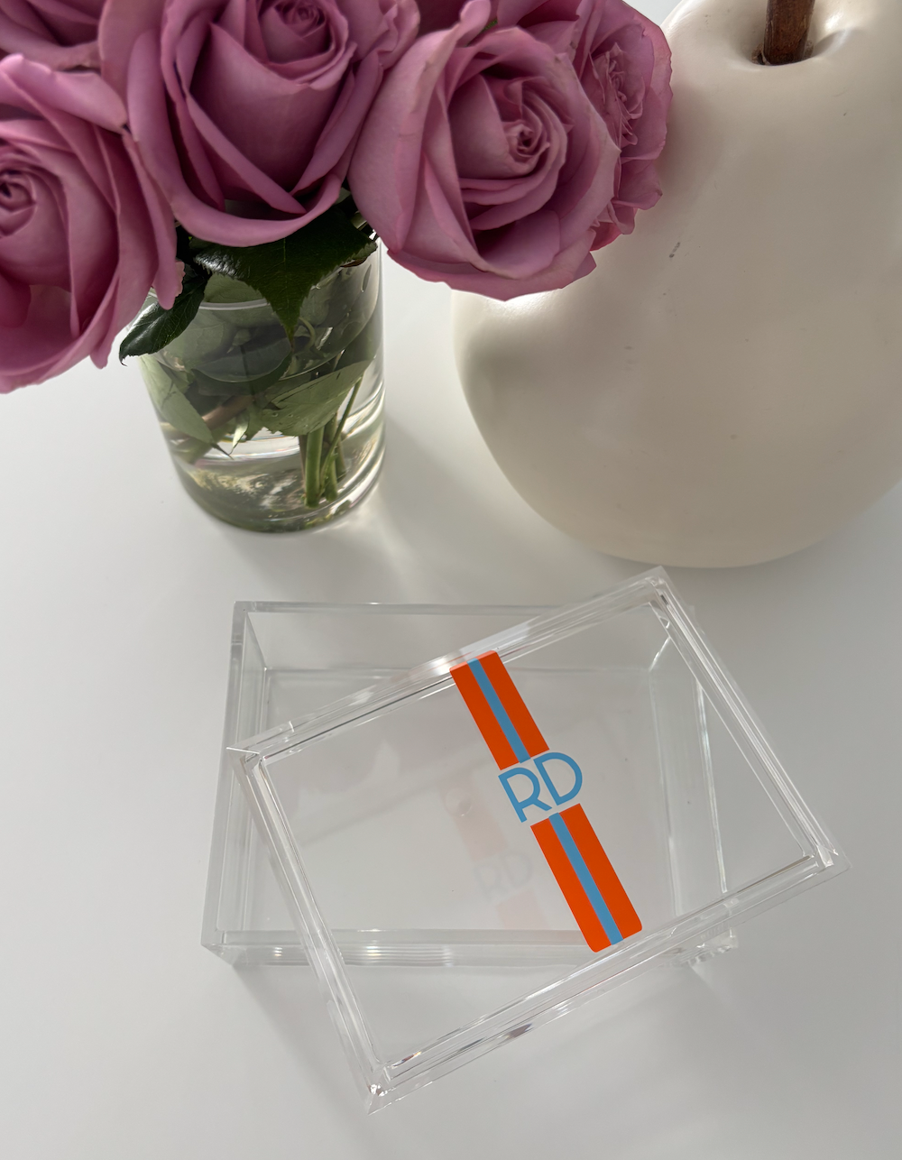 Personalized 4" x 6" clear acrylic catchall jewelry box with removable top